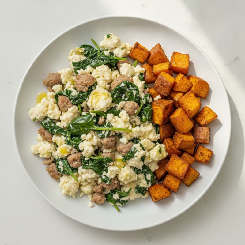 Egg White and Turkey Sausage Scramble with Spinach and Roasted Sweet Potatoes