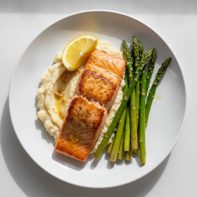 Seared Salmon with Roasted Asparagus and Cauliflower Mash