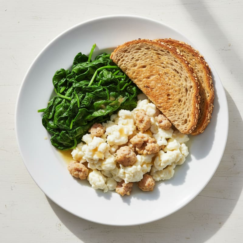 Scrambled Egg Whites with Turkey Sausage and Sautéed Spinach