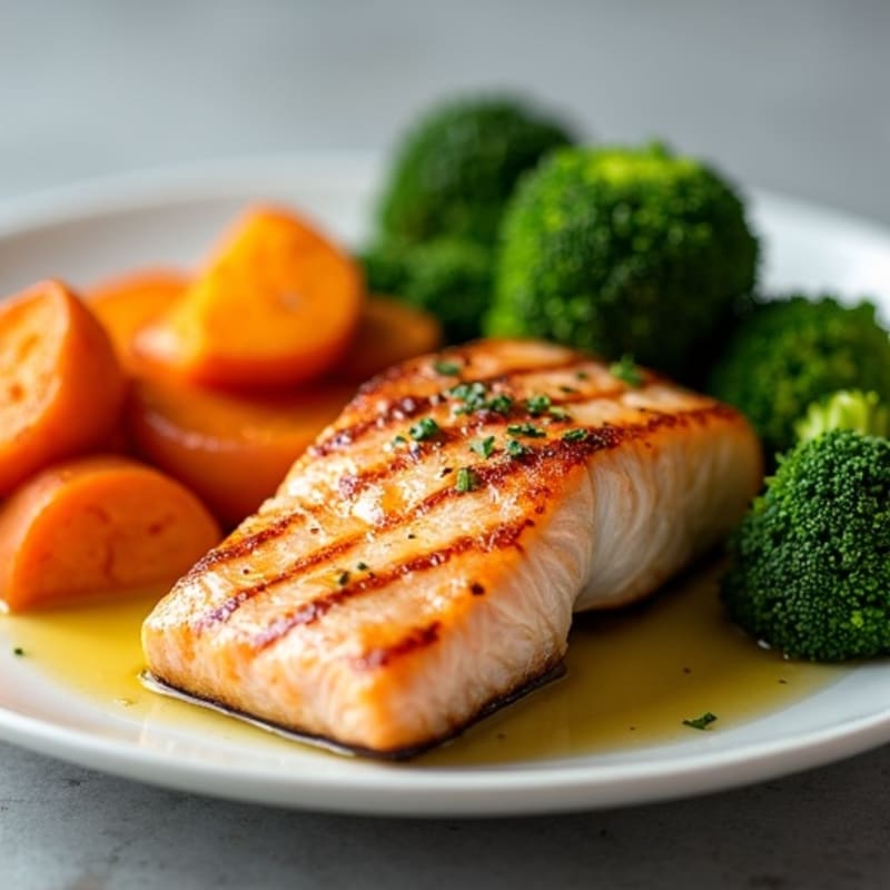 Seared Salmon with Roasted Sweet Potatoes and Steamed Broccoli