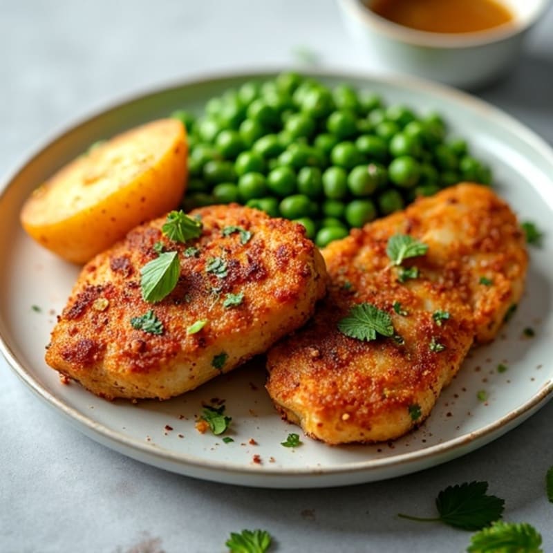 Crispy Spiced Chicken and Roasted Potato with Green Peas and Fresh Chutney