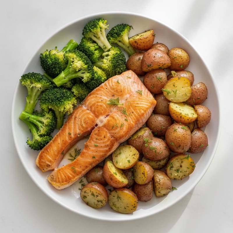 Pan-Seared Salmon with Herb Potatoes and Steamed Broccoli