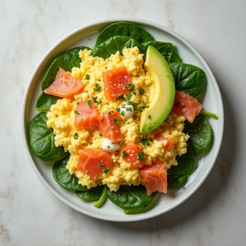 Cottage Cheese Egg Scramble with Smoked Salmon and Spinach