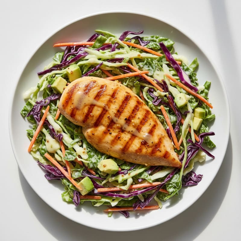 Grilled Chicken Breast with Crunchy Cabbage Slaw and Greek Yogurt Dressing