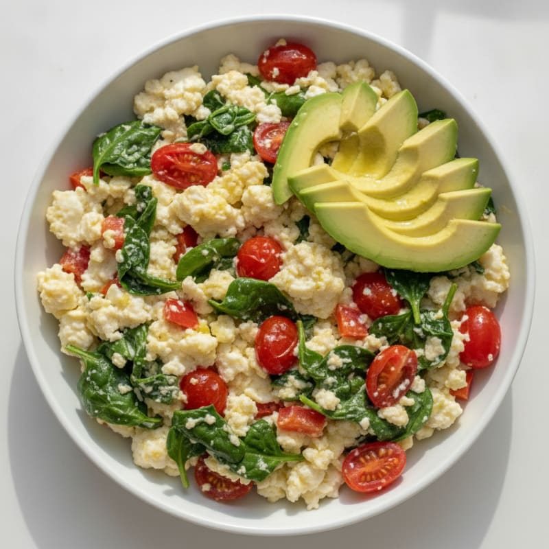 Egg White Veggie Scramble with Spinach and Cherry Tomatoes
