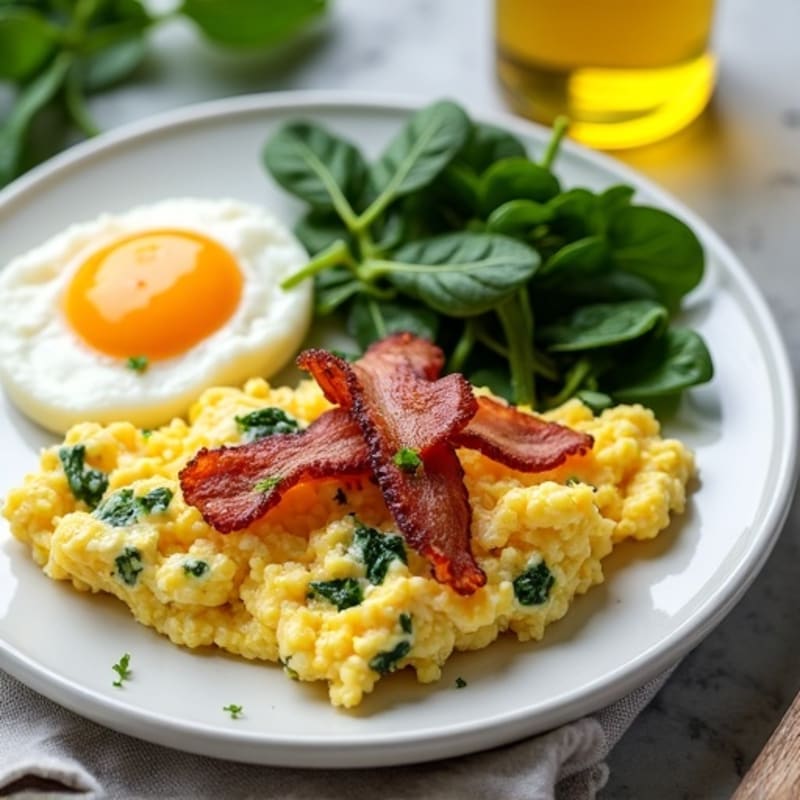 Cottage Cheese Egg Scramble with Spinach and Turkey Bacon