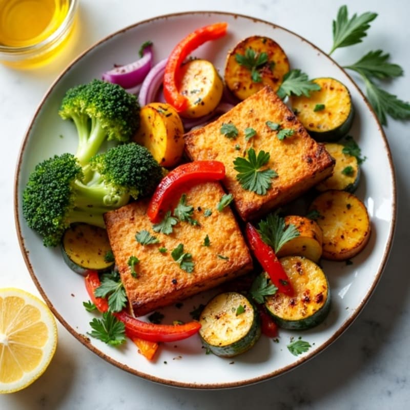Sheet Pan Crispy Tofu and Roasted Vegetables with Lemon-Herb Dressing