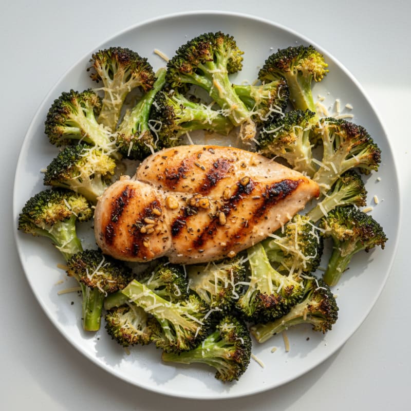 Grilled Chicken Breast with Roasted Broccoli and Parmesan