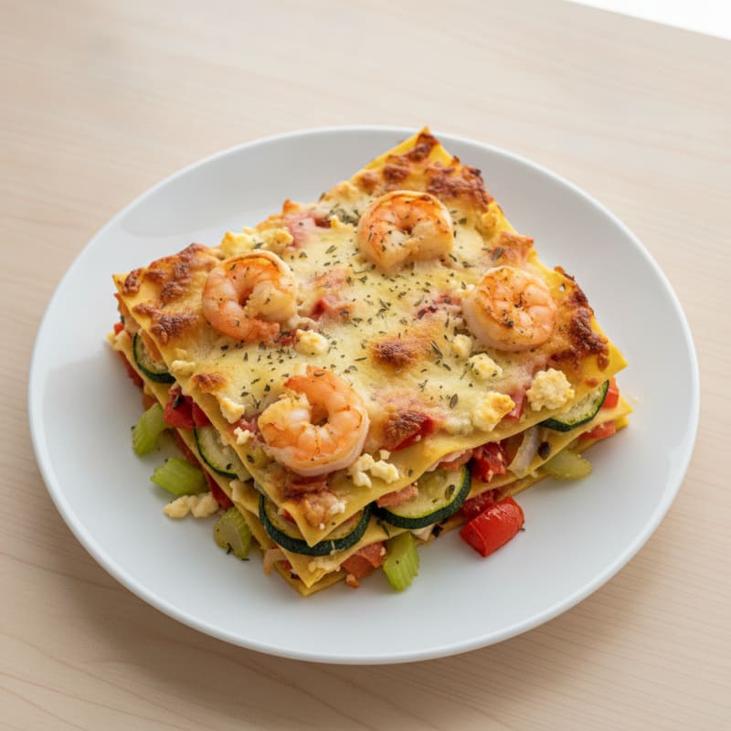 Roasted Vegetable and Shrimp Three-Cheese Lasagna