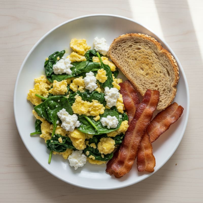 Cottage Cheese Scramble with Spinach and Turkey Bacon
