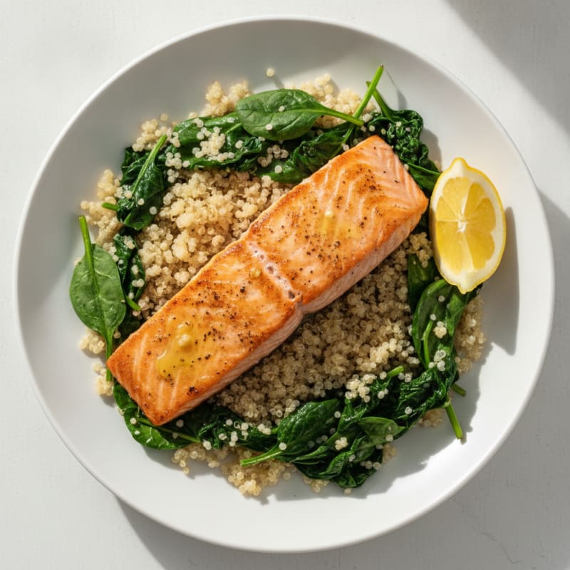 Seared Salmon Fillet with Quinoa and Garlic Sautéed Spinach