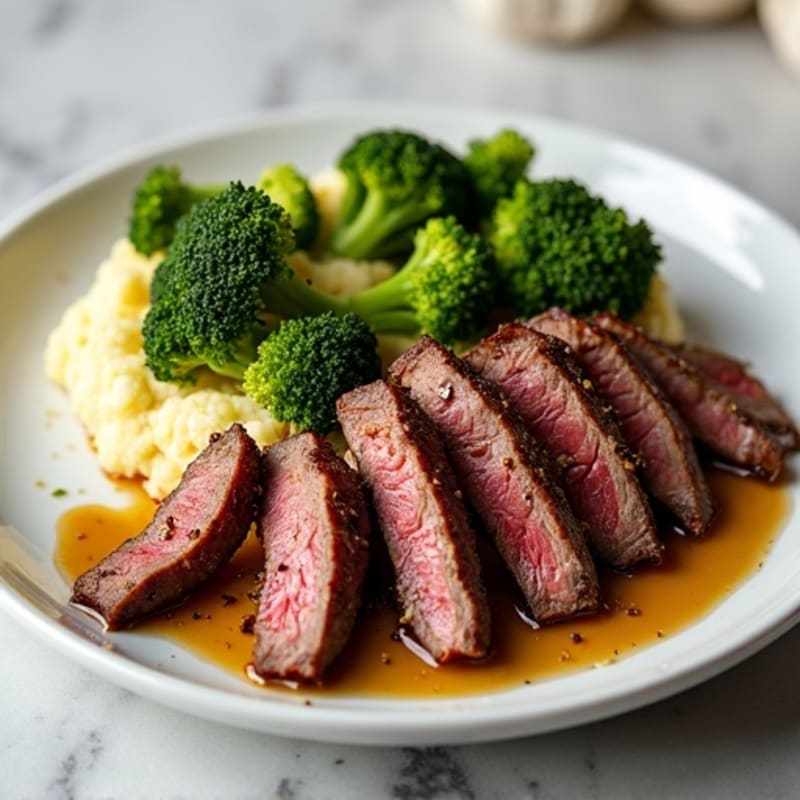 Seared Lean Beef Strips with Roasted Broccoli and Garlic Mashed Cauliflower