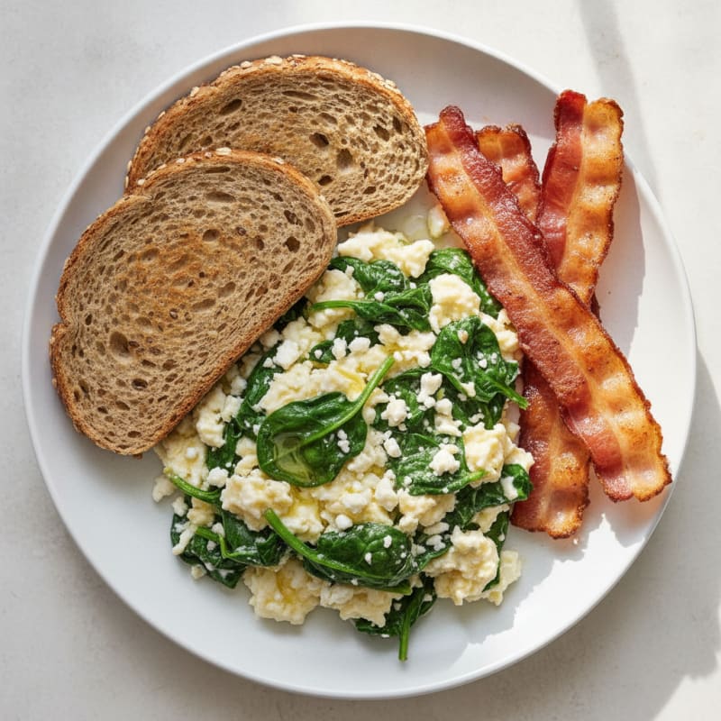 Crispy Turkey Bacon Egg White Scramble with Spinach and Feta