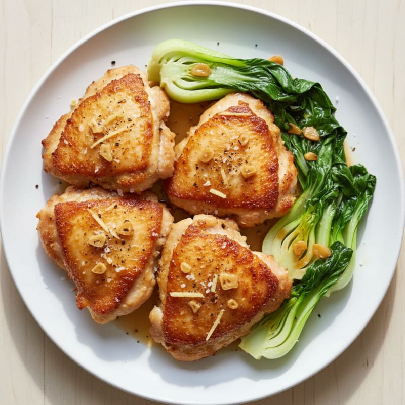 Crispy Pan-Seared Chicken Thighs with Garlicky Bok Choy