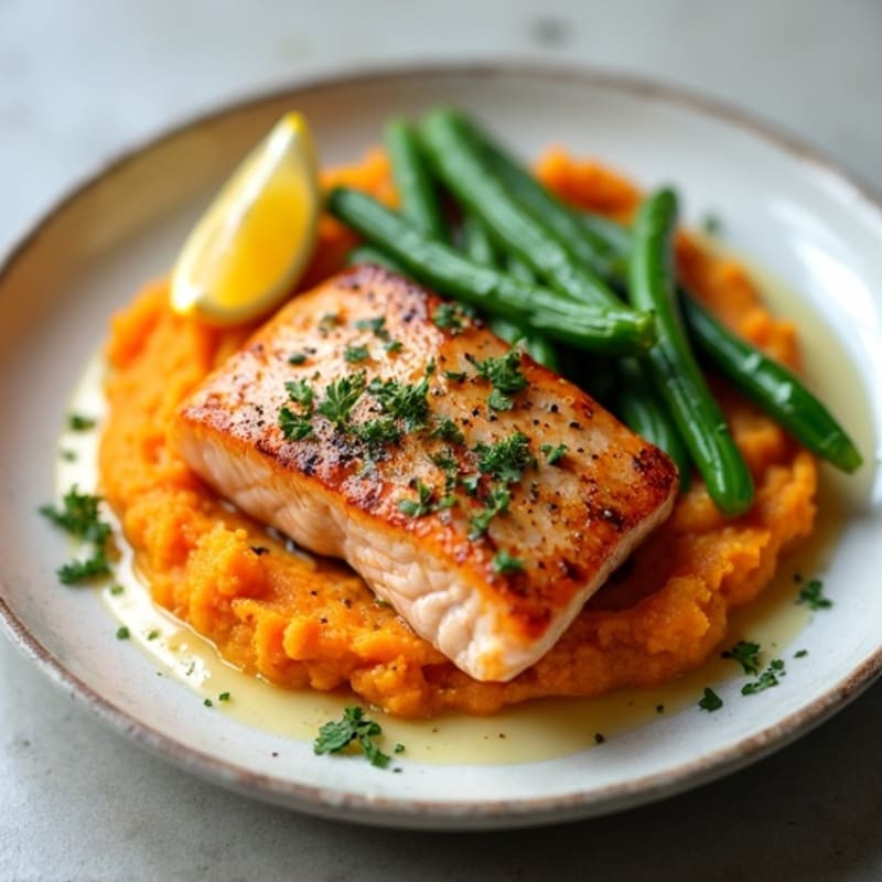 Seared Salmon with Garlic Green Beans and Sweet Potato Mash
