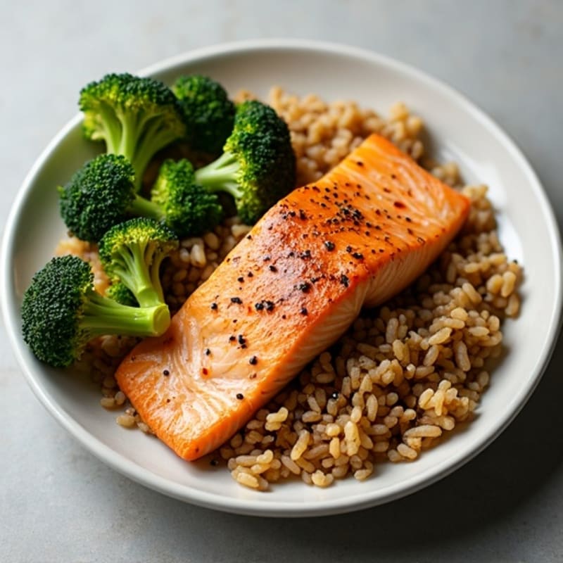 Spicy Baked Salmon with Roasted Broccoli and Brown Rice