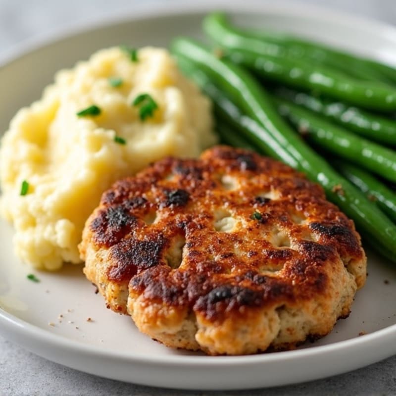 Seared Turkey Patties with Steamed Green Beans and Mashed Cauliflower