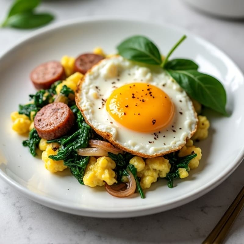 Cottage Cheese Scramble with Turkey Sausage and Sautéed Spinach