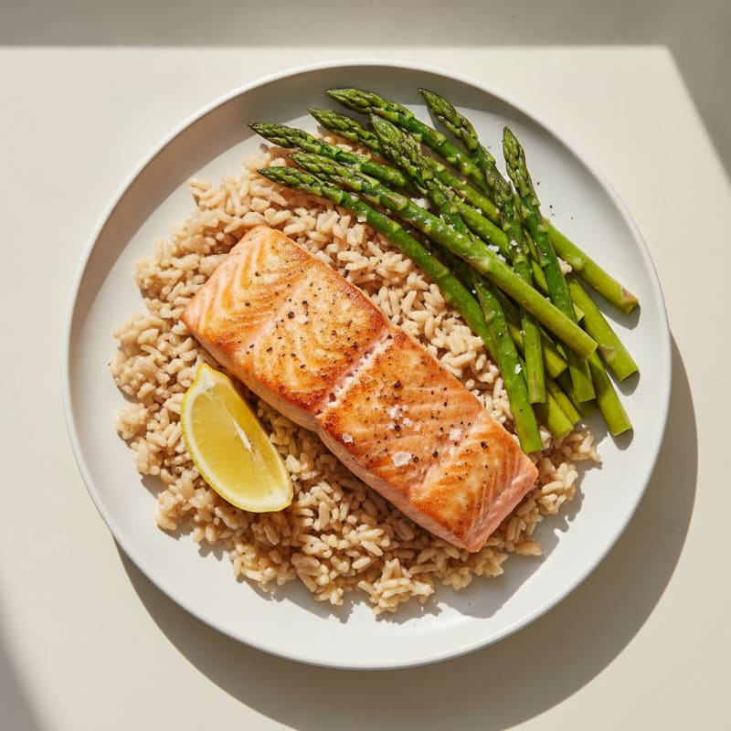 Seared Salmon with Steamed Asparagus and Brown Rice