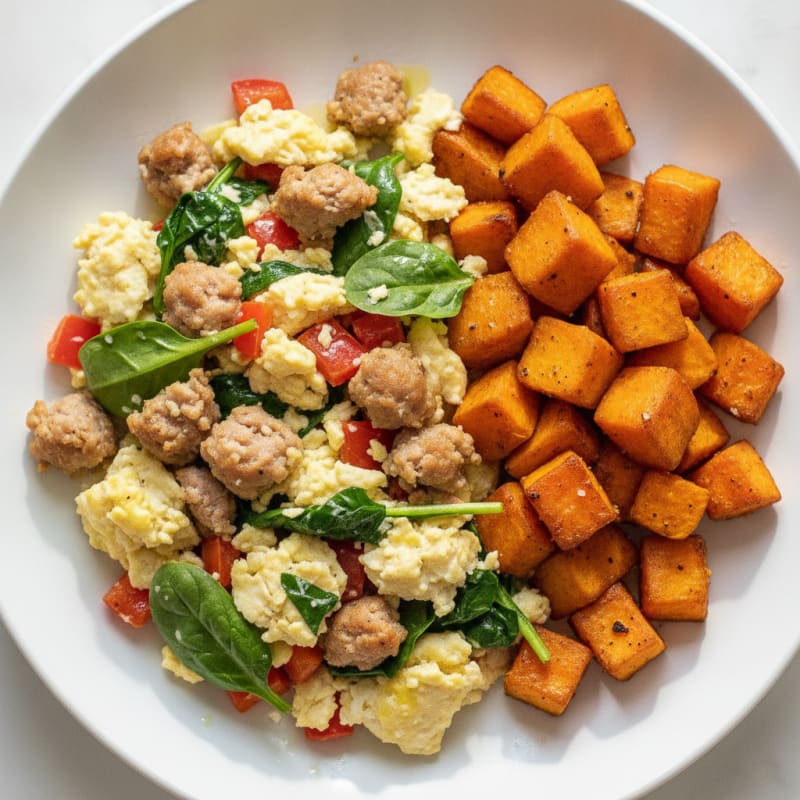 Egg White Scramble with Turkey Sausage and Roasted Sweet Potatoes