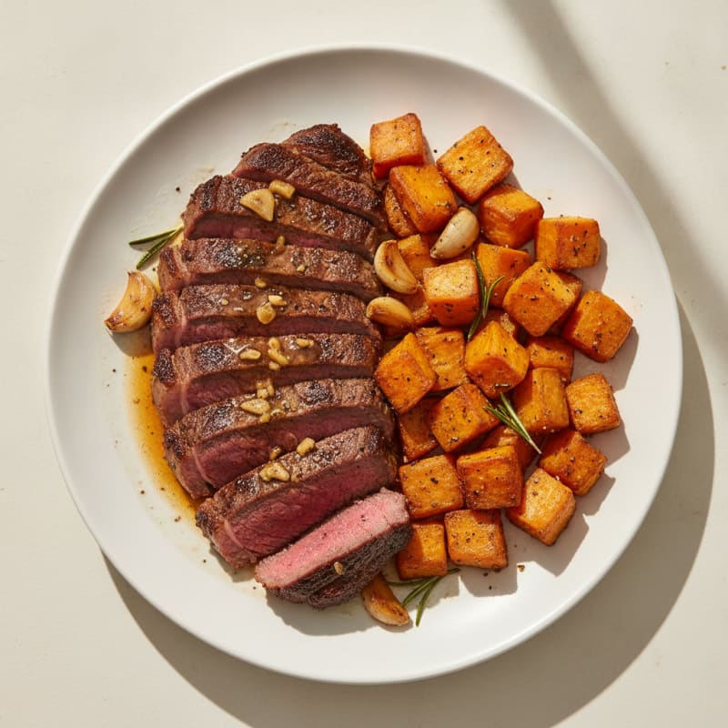 Pan-Seared Ribeye with Roasted Sweet Potatoes