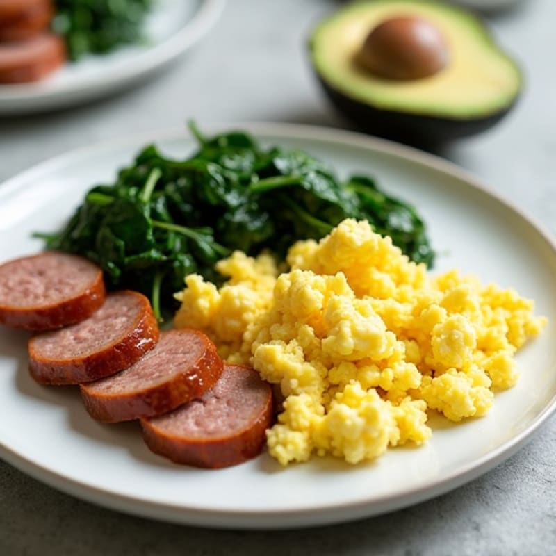 Scrambled Egg Whites with Turkey Sausage and Sautéed Spinach
