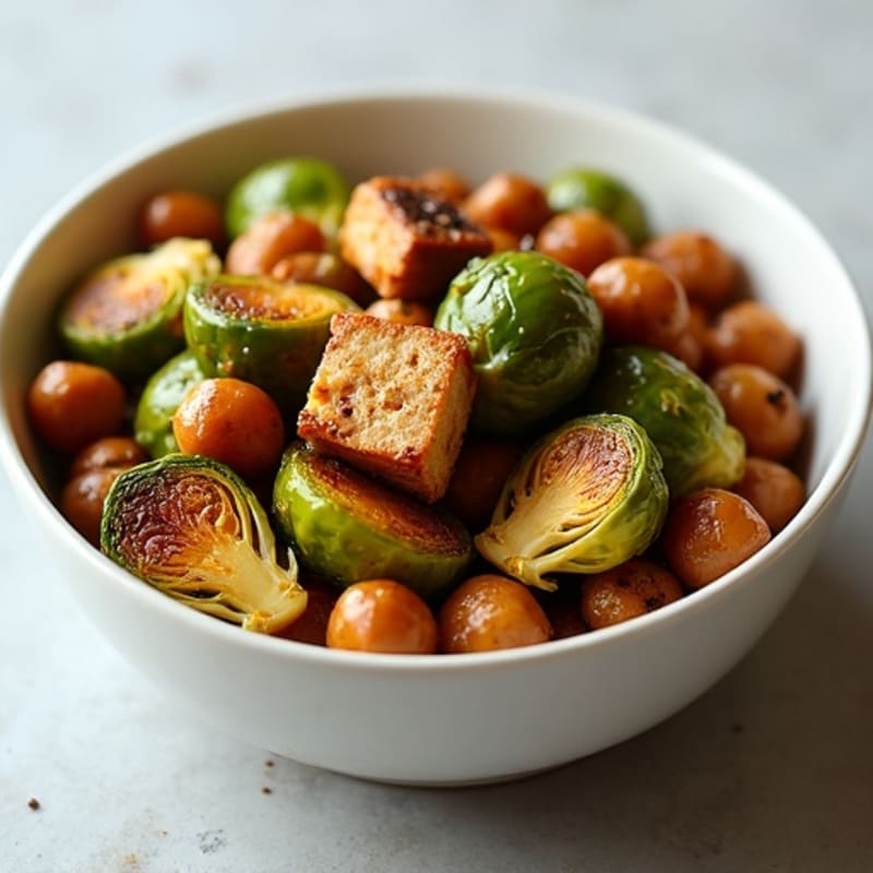 Honey-Balsamic Glazed Crispy Brussels Sprouts with Tofu and Chickpeas