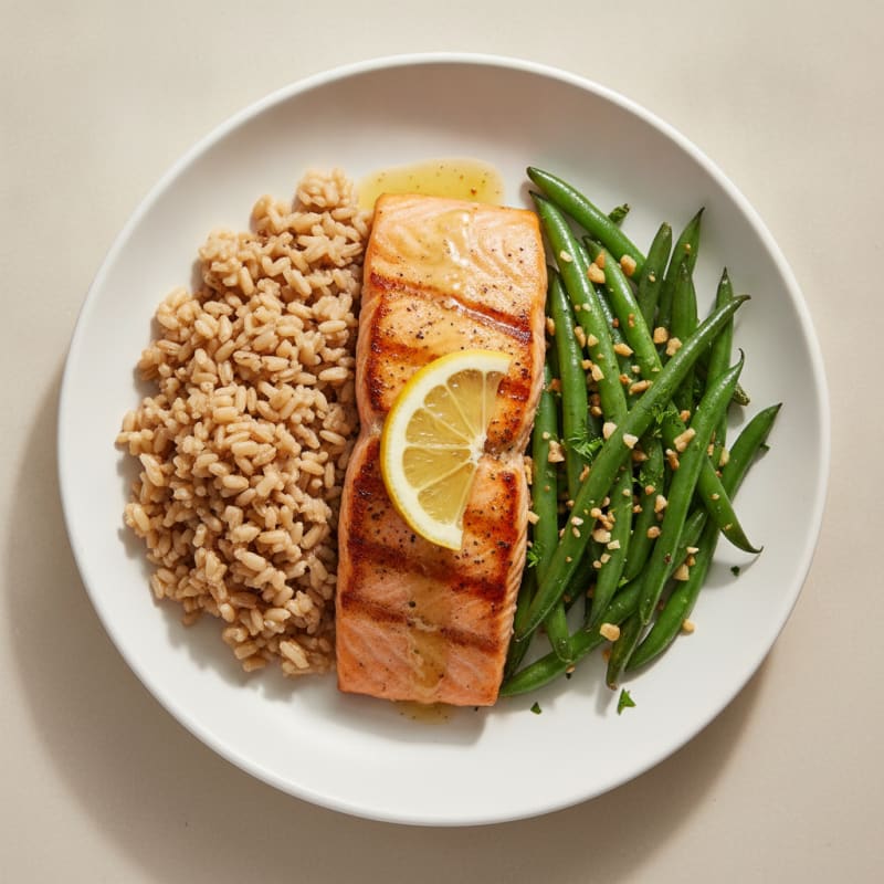 Seared Salmon Fillet with Garlic Green Beans and Brown Rice