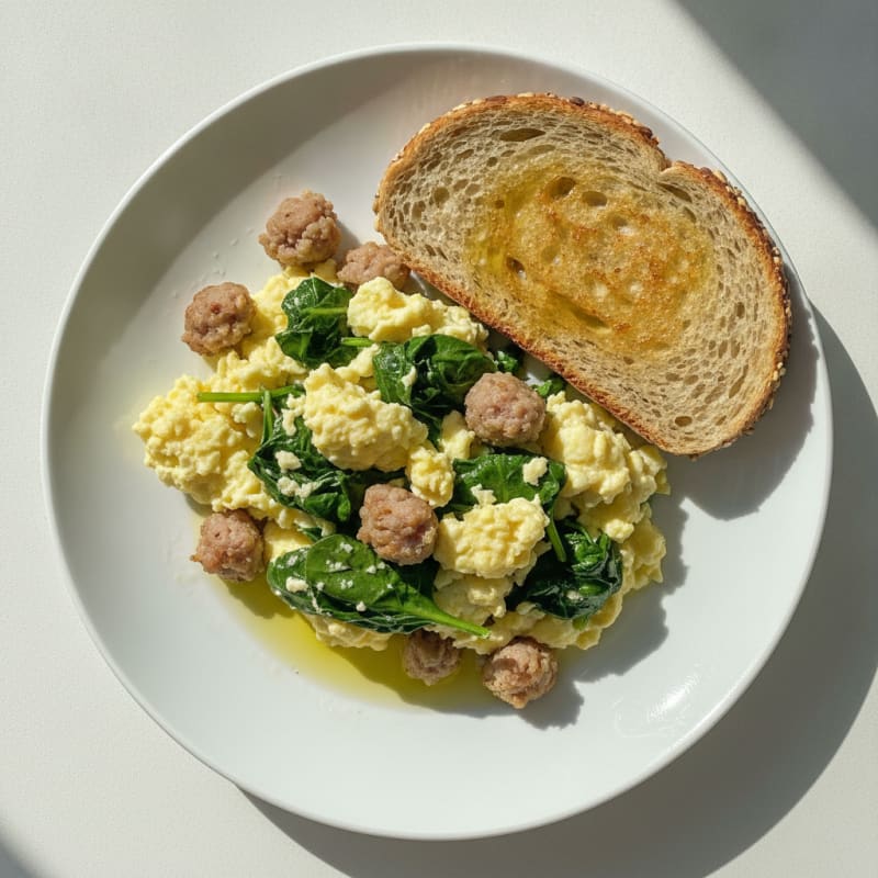 Scrambled Eggs with Turkey Sausage and Sautéed Spinach
