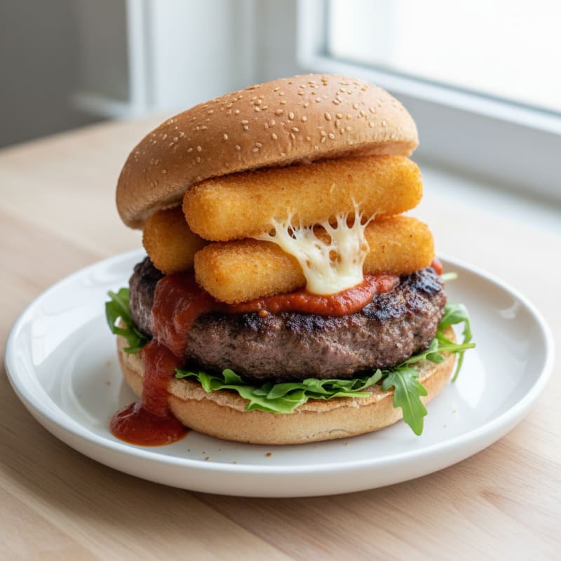 Mozzarella Stick Beef Burger with Marinara