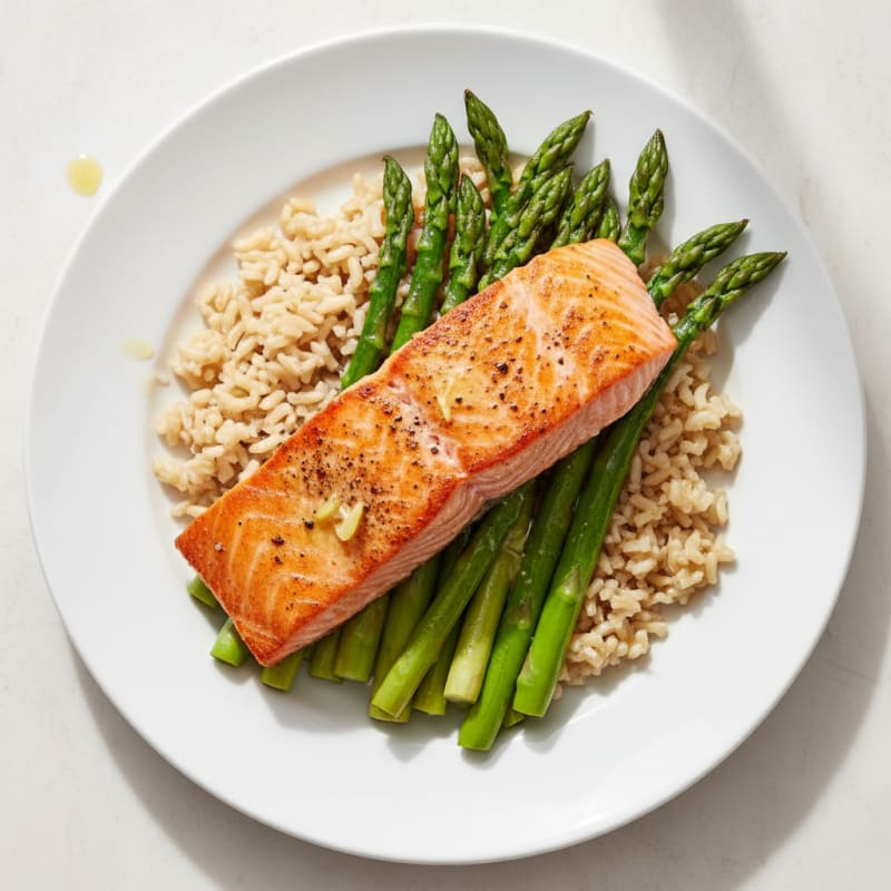 Seared Salmon with Steamed Asparagus and Brown Rice