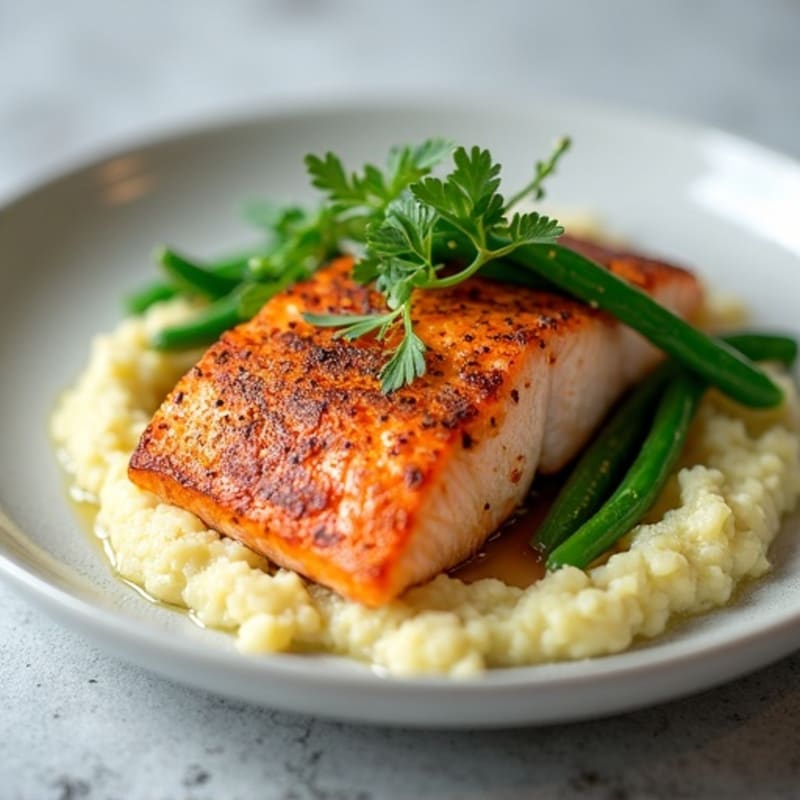 Seared Salmon with Steamed Green Beans and Cauliflower Mash