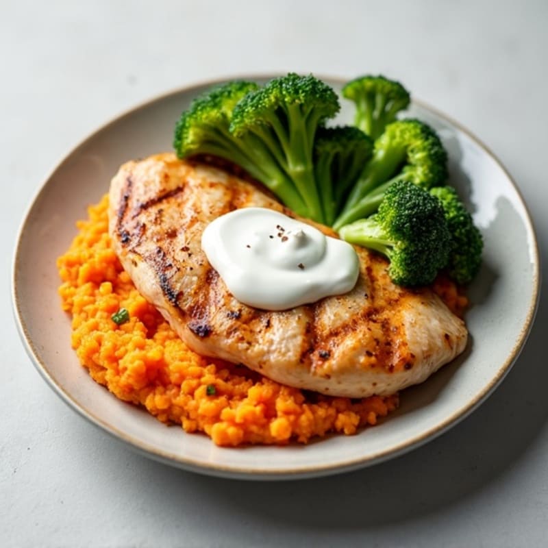 Grilled Chicken Breast with Sweet Potato Mash and Steamed Broccoli