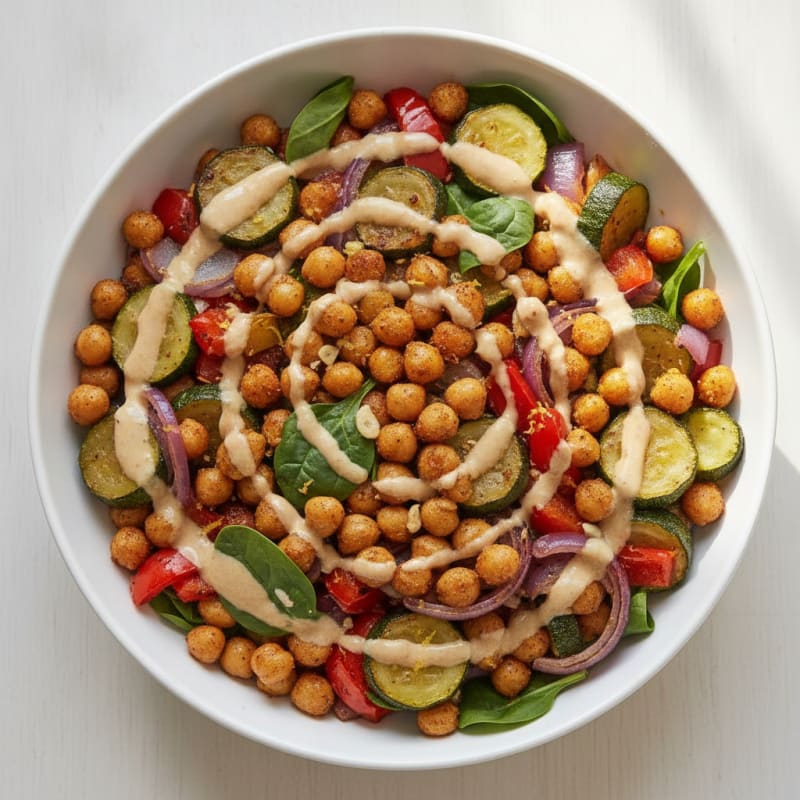 Chickpea and Roasted Vegetable Bowl with Lemon-Tahini Drizzle