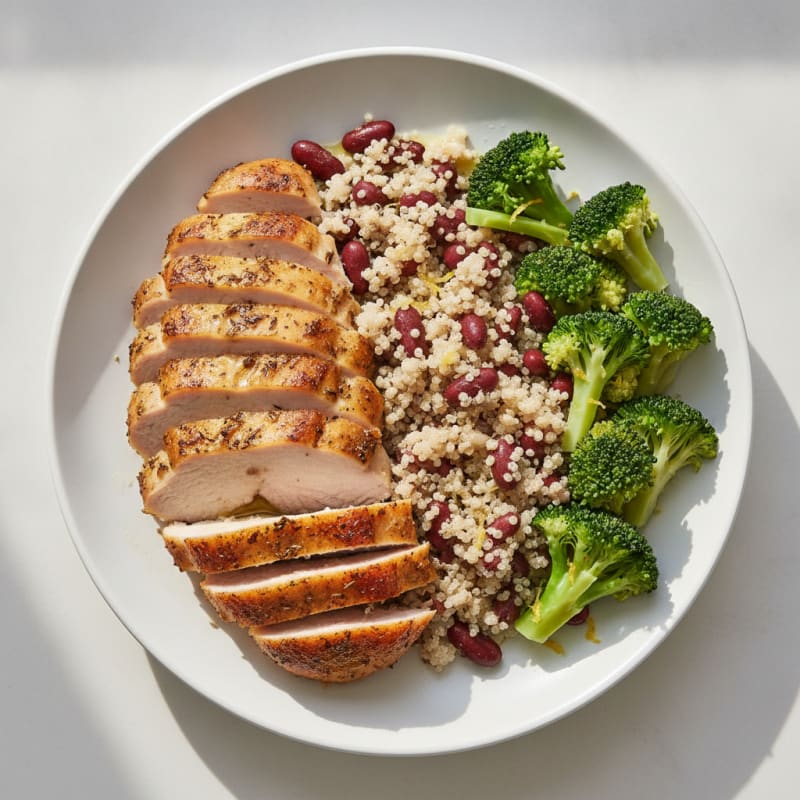 Roasted Turkey Breast with Kidney Beans, Steamed Broccoli, and Quinoa