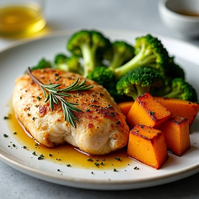 Herb-Roasted Chicken with Crispy Broccoli and Sweet Potatoes