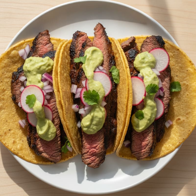 Carne Asada Tacos with Avocado Crema