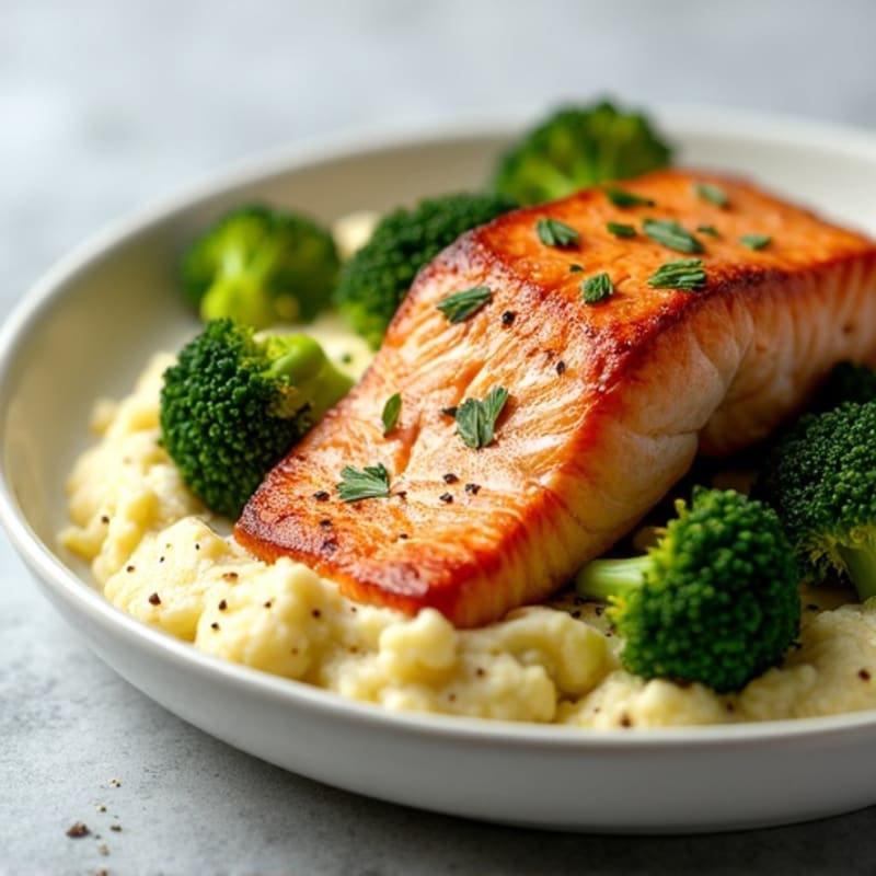 Seared Salmon Fillet with Roasted Broccoli and Garlic Mashed Cauliflower