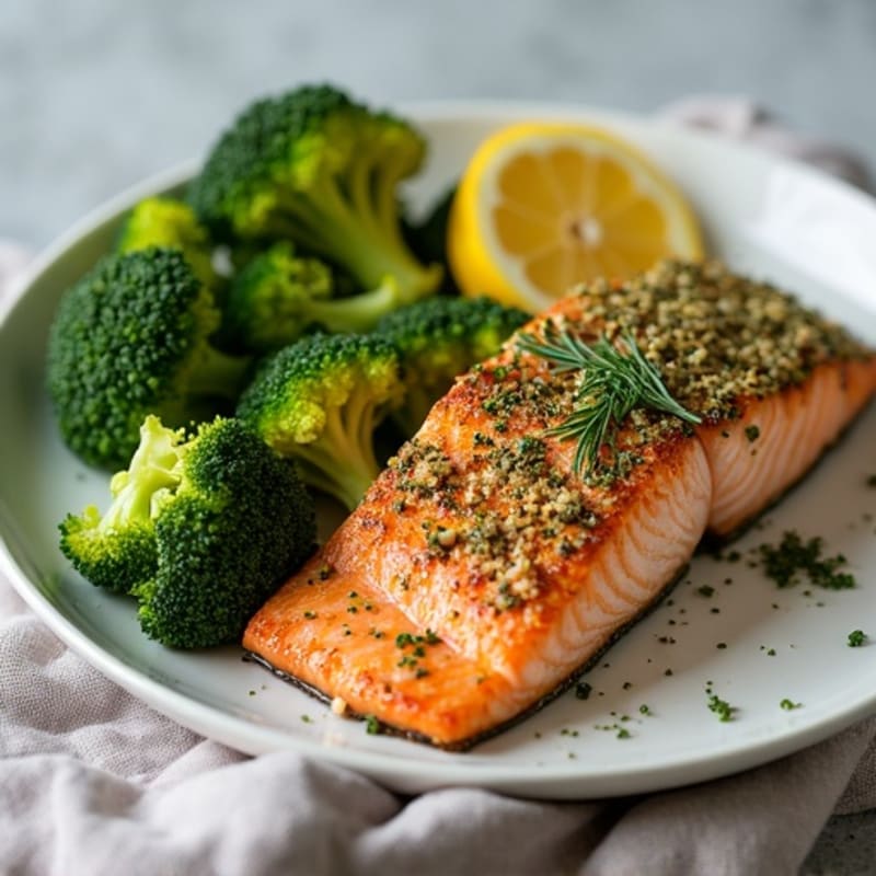 Herb-Crusted Pan Seared Salmon with Roasted Broccoli