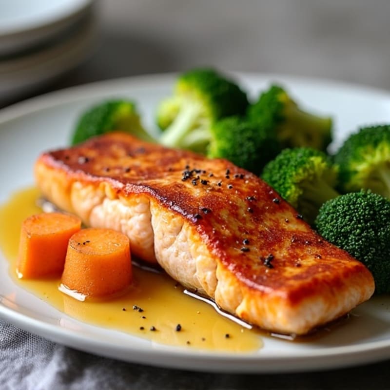 Seared Salmon Fillet with Roasted Sweet Potatoes and Steamed Broccoli