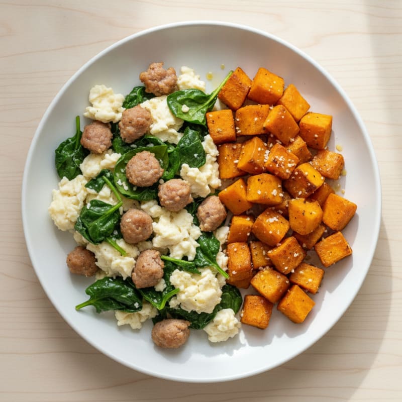 Egg White and Turkey Sausage Scramble with Sautéed Spinach and Sweet Potato