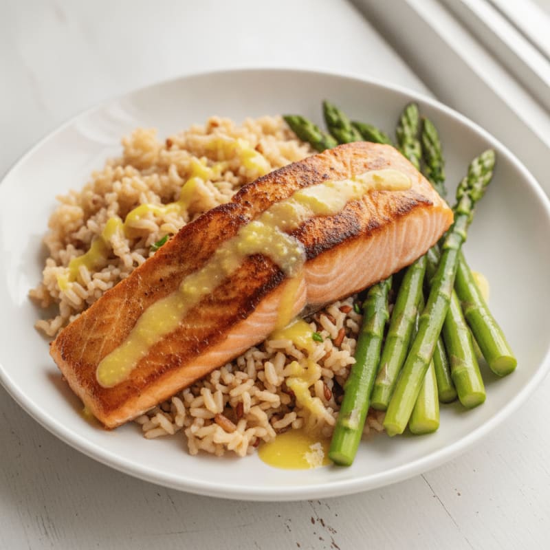 Seared Salmon with Steamed Asparagus and Brown Rice