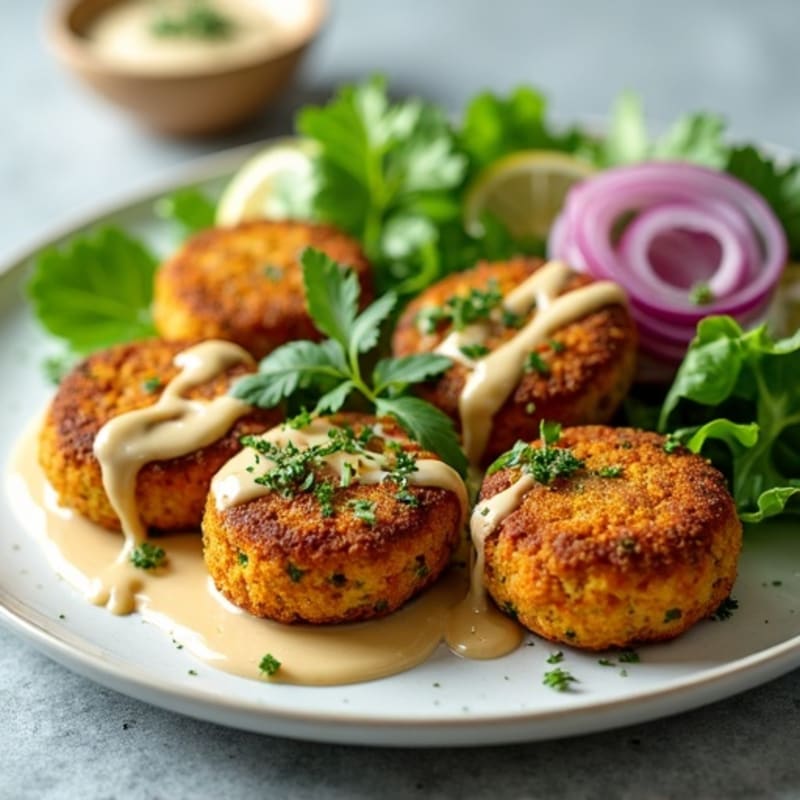 Crispy Baked Falafel with Creamy Lemon Tahini and Fresh Herb Salad
