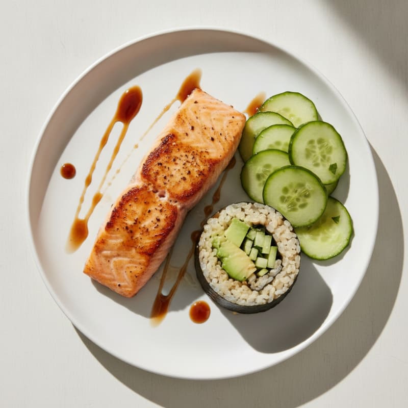 Seared Salmon with Brown Rice Sushi Roll and Cucumber Salad