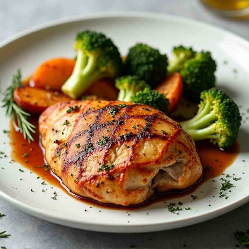 Crispy Herb-Roasted Chicken with Tender Balsamic Sweet Potatoes and Roasted Broccoli