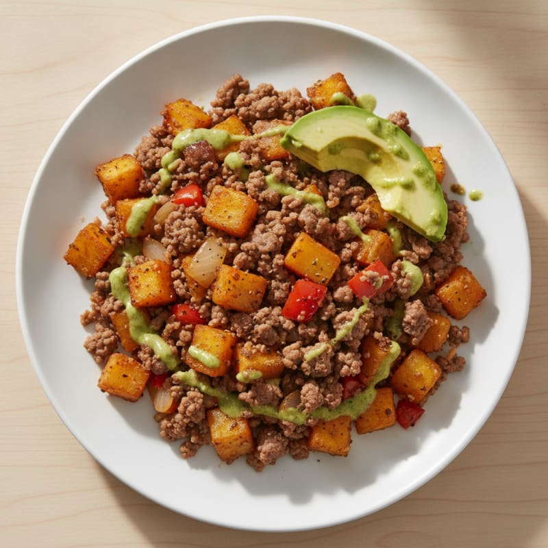 Ground Beef and Yam Hash with Avocado