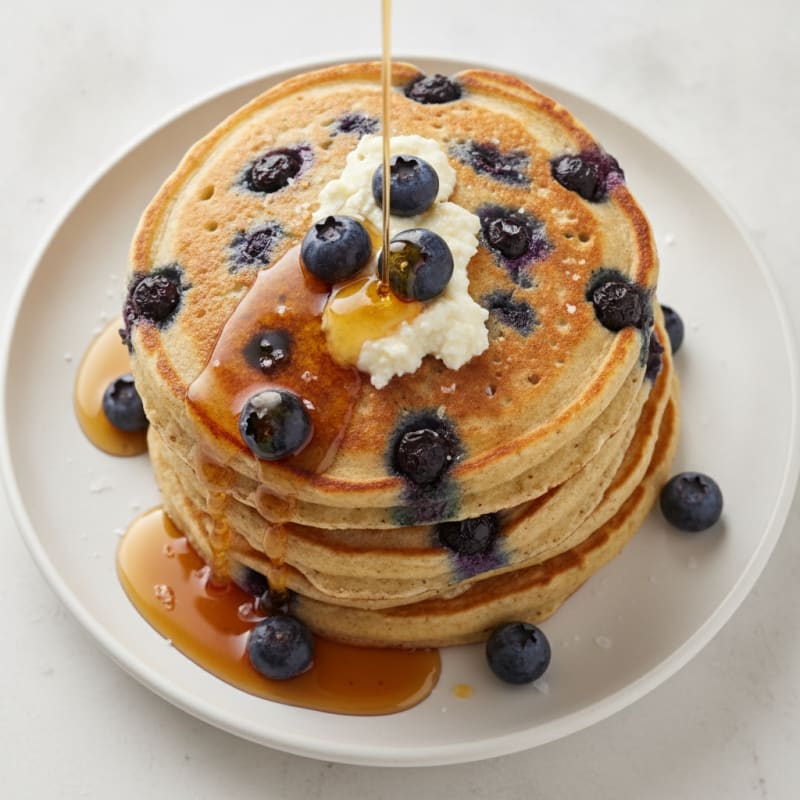 Blueberry Ricotta Pancakes with Maple Syrup