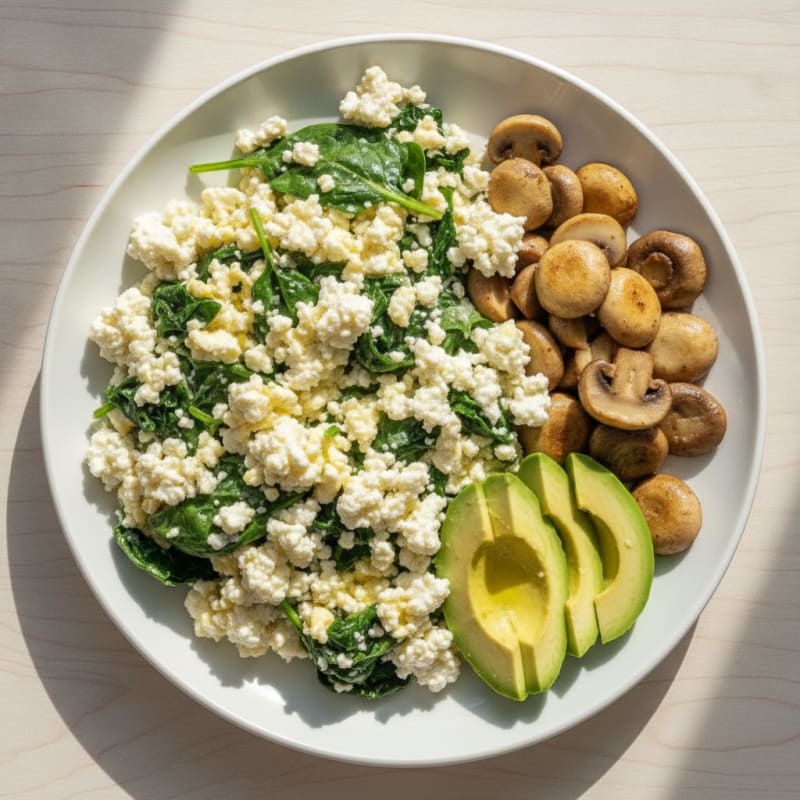 Egg White Spinach Scramble with Cottage Cheese and Sautéed Mushrooms