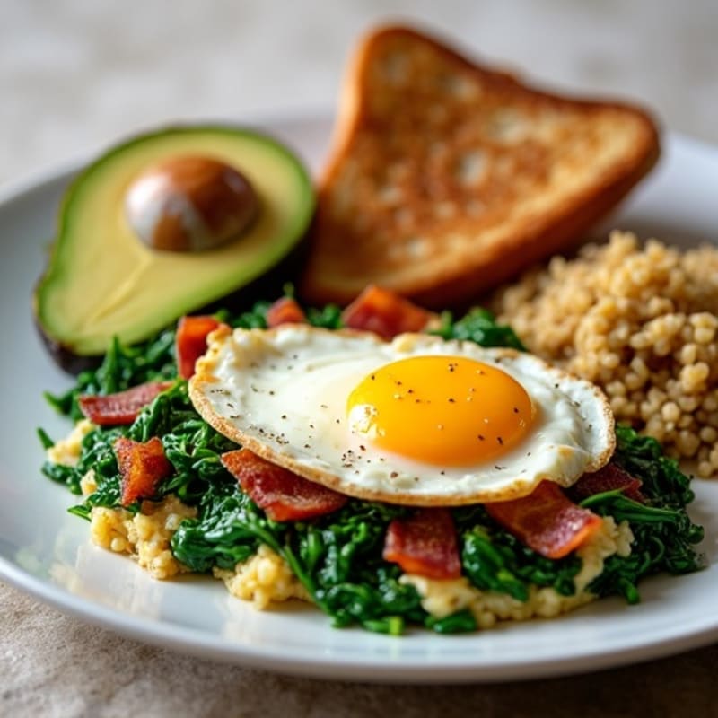 Crispy Turkey Bacon and Egg White Scramble with Sautéed Spinach