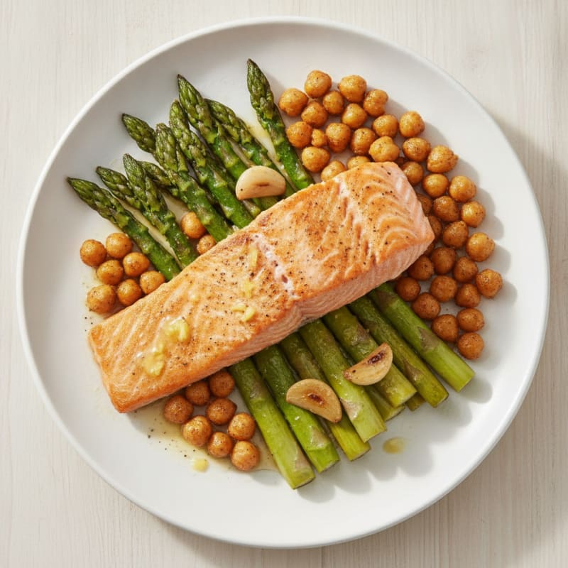 Seared Salmon Fillet with Crispy Chickpeas and Garlic Roasted Asparagus